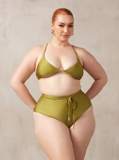 MBM Swim by Marcia B Maxwell Curve midsize model wearing Olive Green Bikini Charm top and Destiny bottoms #color_olive
