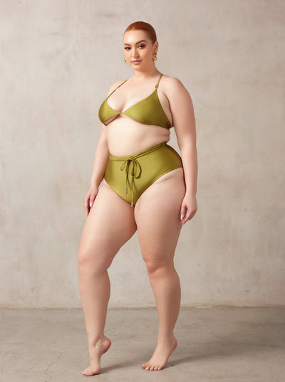 MBM Swim by Marcia B Maxwell Curve midsize model wearing Olive Green Bikini Charm top and Destiny bottoms #color_olive