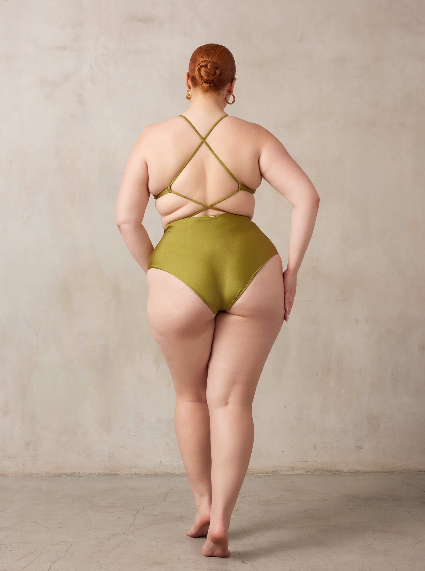 MBM Swim By Marcia B Maxwell Curve midsize model wearing Olive green bikini Charm top, Destiny bottom #color_olive