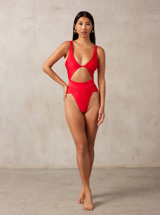 MBM swim by Marcia B Maxwell red One-piece swimsuit on model #color_red