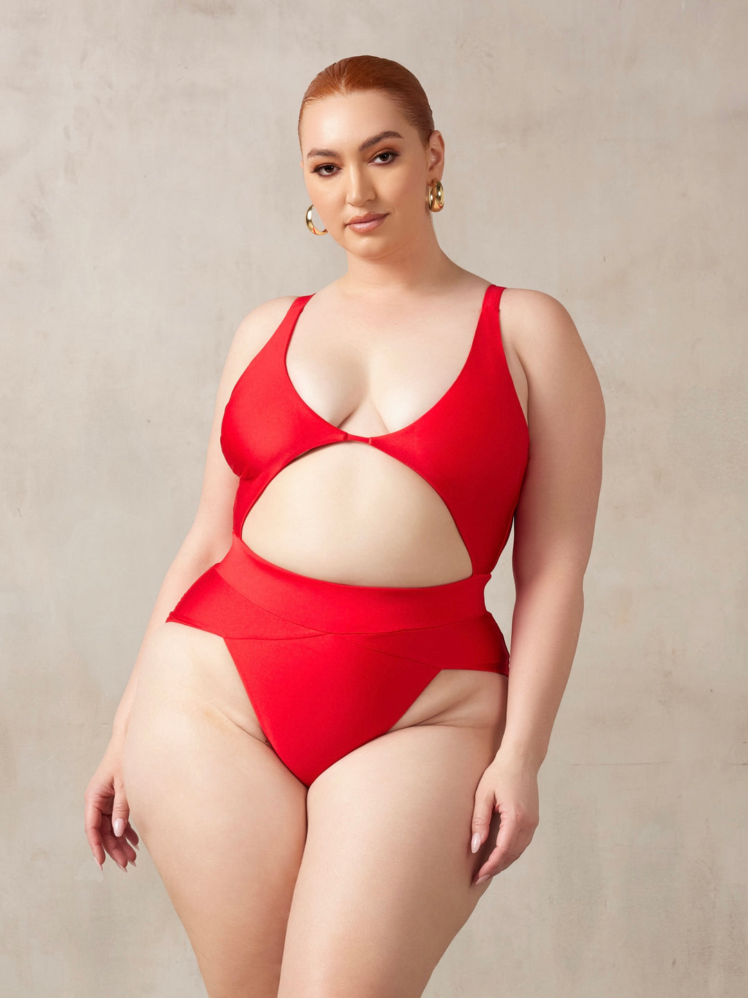 MBM swim by Marcia B Maxwell red Aspire One-piece swimsuit on midsize curve model #color_red