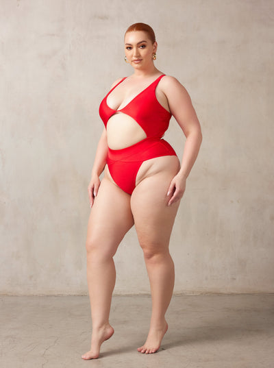 MBM swim by Marcia B Maxwell red Aspire One-piece swimsuit on midsize curve model #color_red