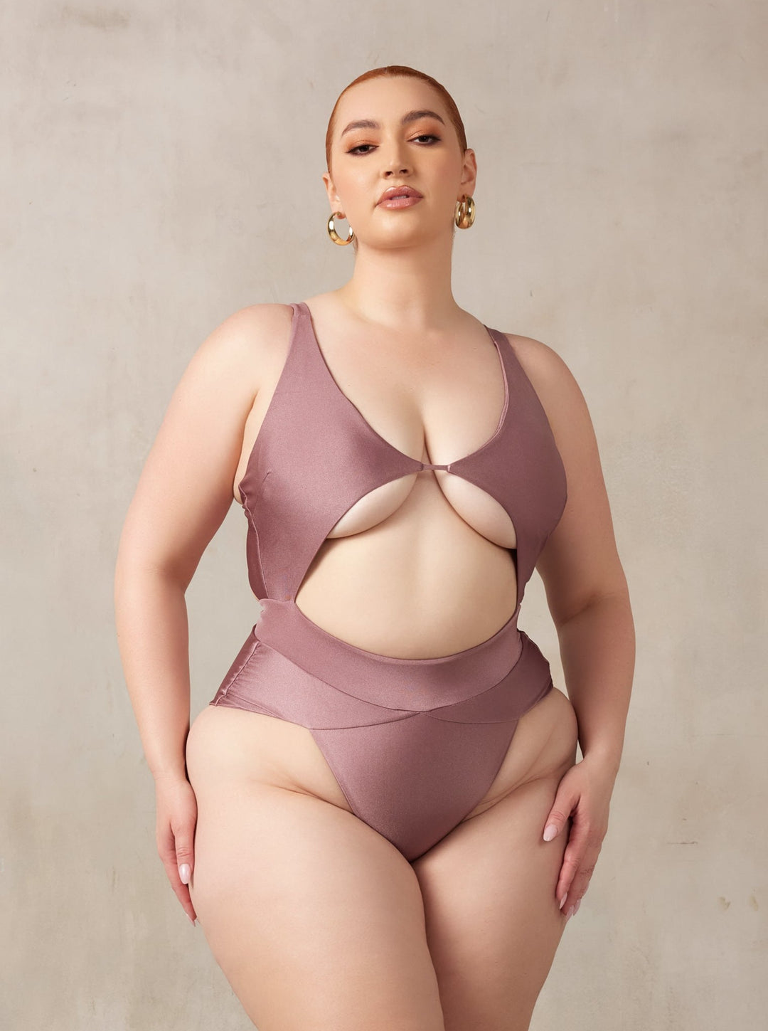 MBM swim by Marcia B Maxwell Mauve purple Aspire One-piece swimsuit on midsize curve model #color_mauve