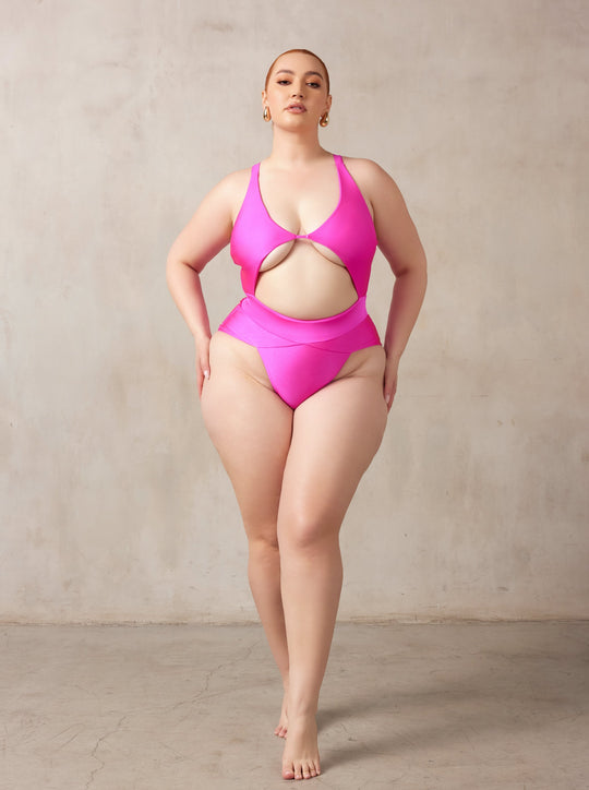 MBM swim by Marcia B Maxwell Magenta purple Aspire One-piece swimsuit on midsize curve model #color_magenta