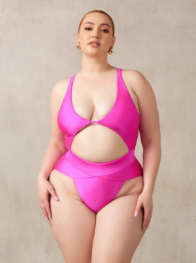MBM swim by Marcia B Maxwell Magenta purple Aspire One-piece swimsuit on midsize curve model #color_magenta