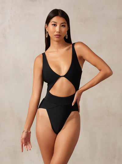 MBM swim by Marcia B Maxwell Black Aspire One-piece swimsuit on midsize curve model #color_black