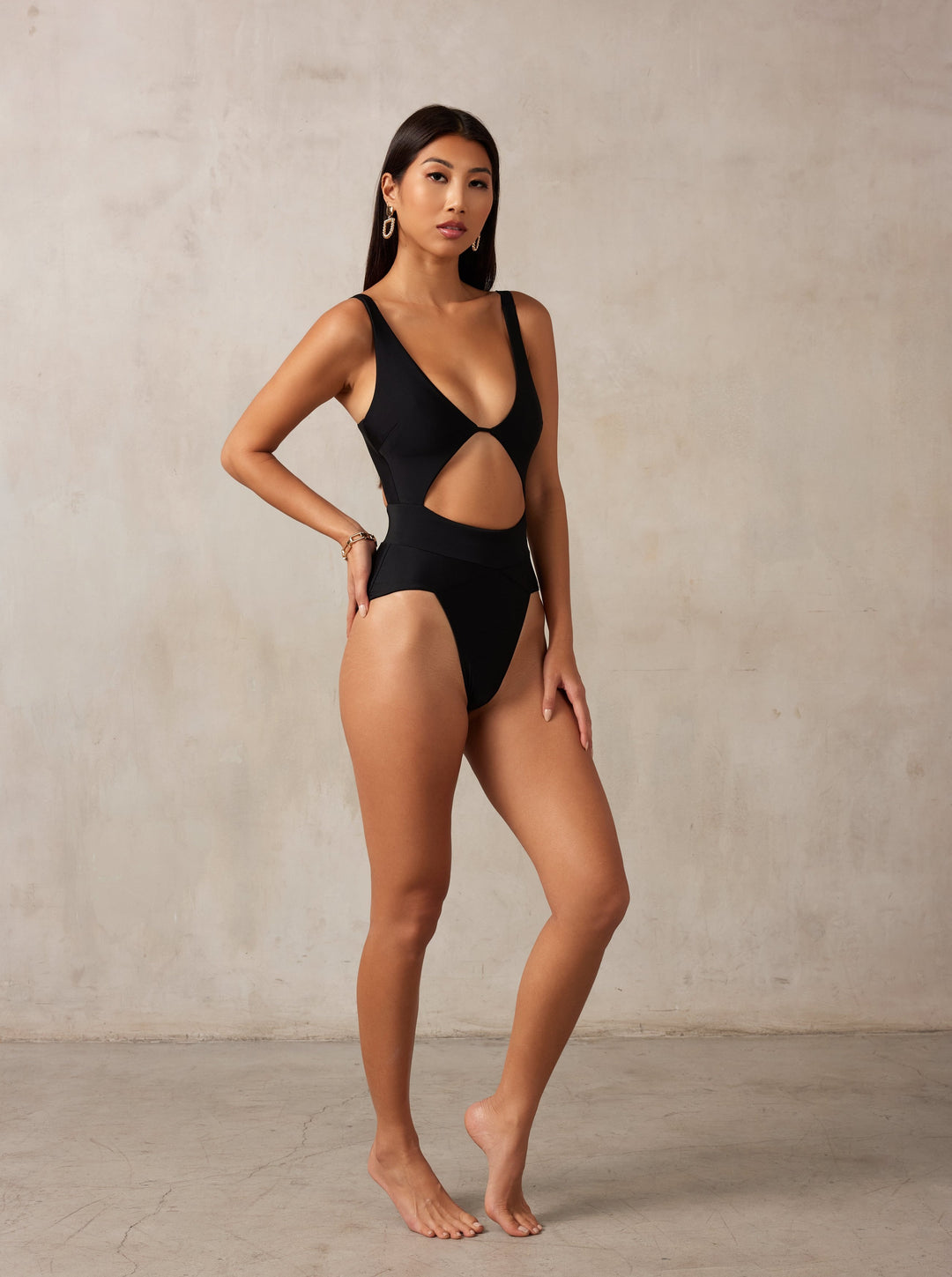 MBM swim by Marcia B Maxwell Black Aspire One-piece swimsuit on midsize curve model #color_black