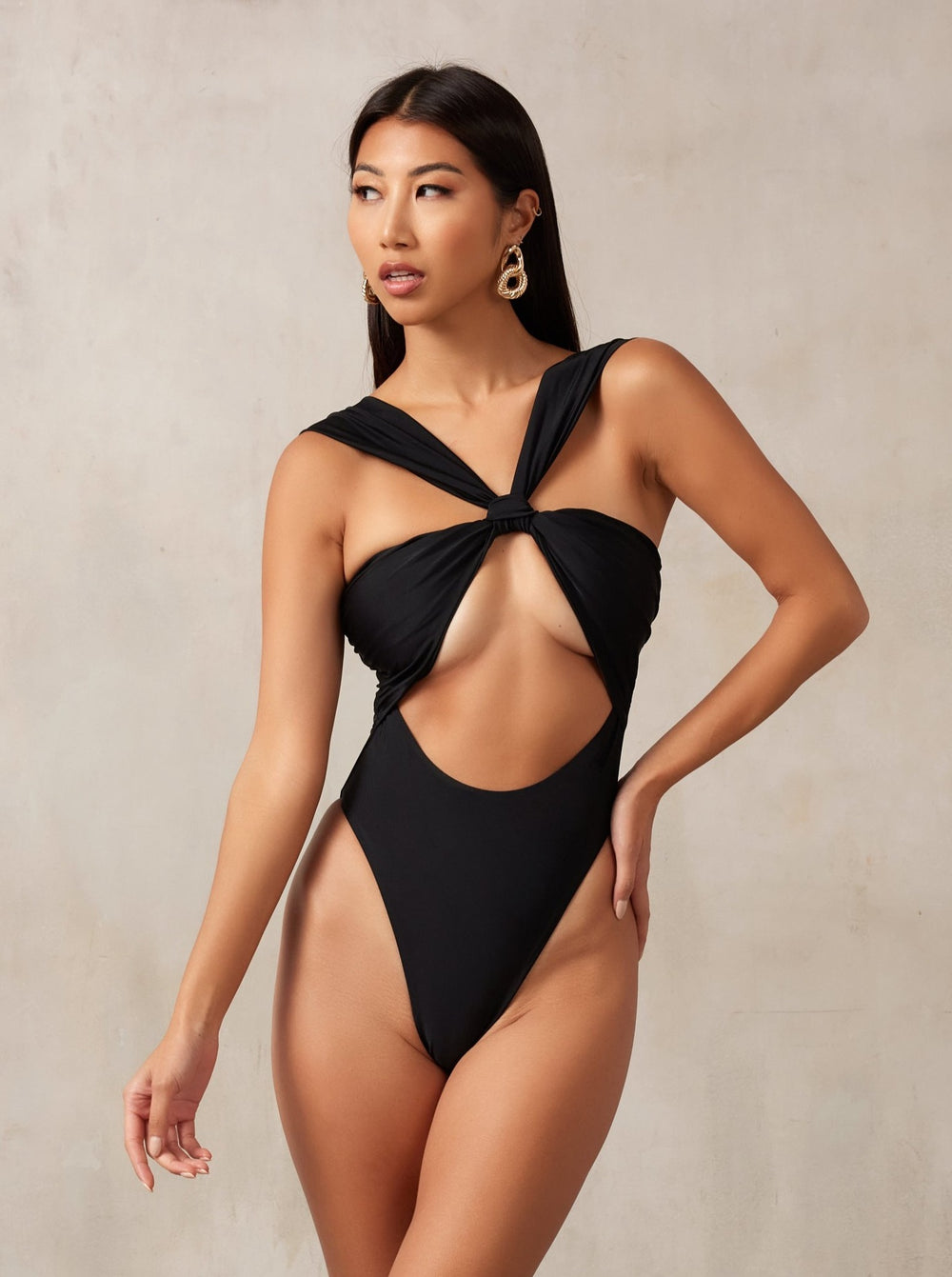 MBM Swim by Marcia B Maxwell black one-piece swimsuit monokini on model #color_black