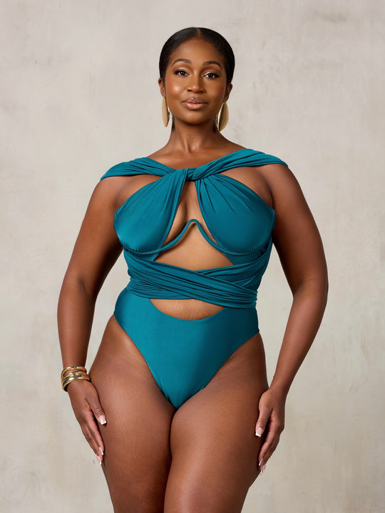 MBM Swim by Marcia B Maxwell Teal Bella infinity multi-way one-piece monokini #color_midnight-green