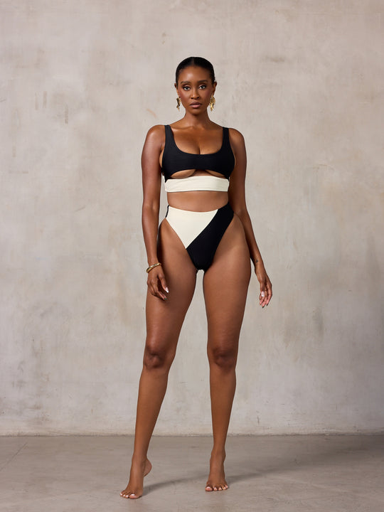 MBM Swim by Marcia B Maxwell Model in Lucky top Passion bottom bikini #color_black-cream