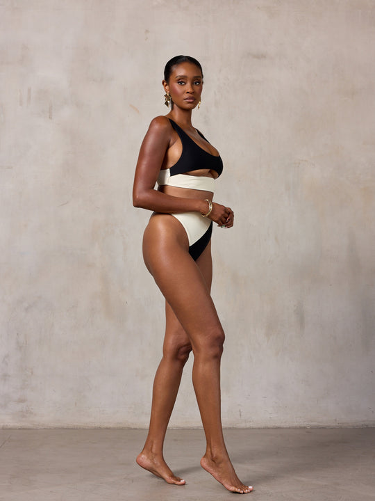 MBM Swim by Marcia B Maxwell Model in Lucky top Passion bottom bikini #color_black-cream