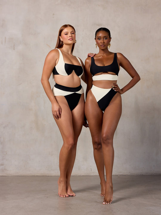 MBM Swim by Marcia B Maxwell two models in black and cream white bikinis bikini #color_black-cream
