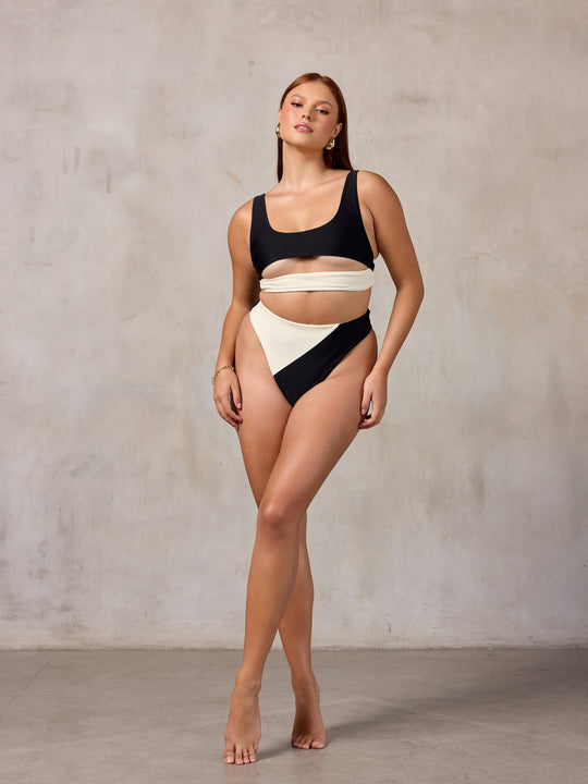 MBM Swim by Marcia B Maxwell Model in Lucky top Passion bottom bikini #color_black-cream