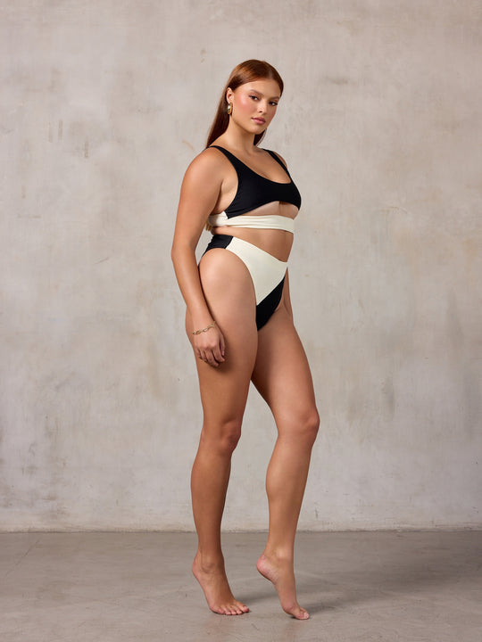 MBM Swim by Marcia B Maxwell Model in Lucky top Passion bottom bikini #color_black-cream