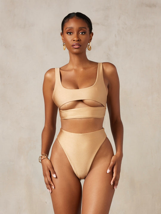 MBM Swim By Marcia B Maxwell model wearing beige tan bikini Chance top and Wish bottom #color_sand