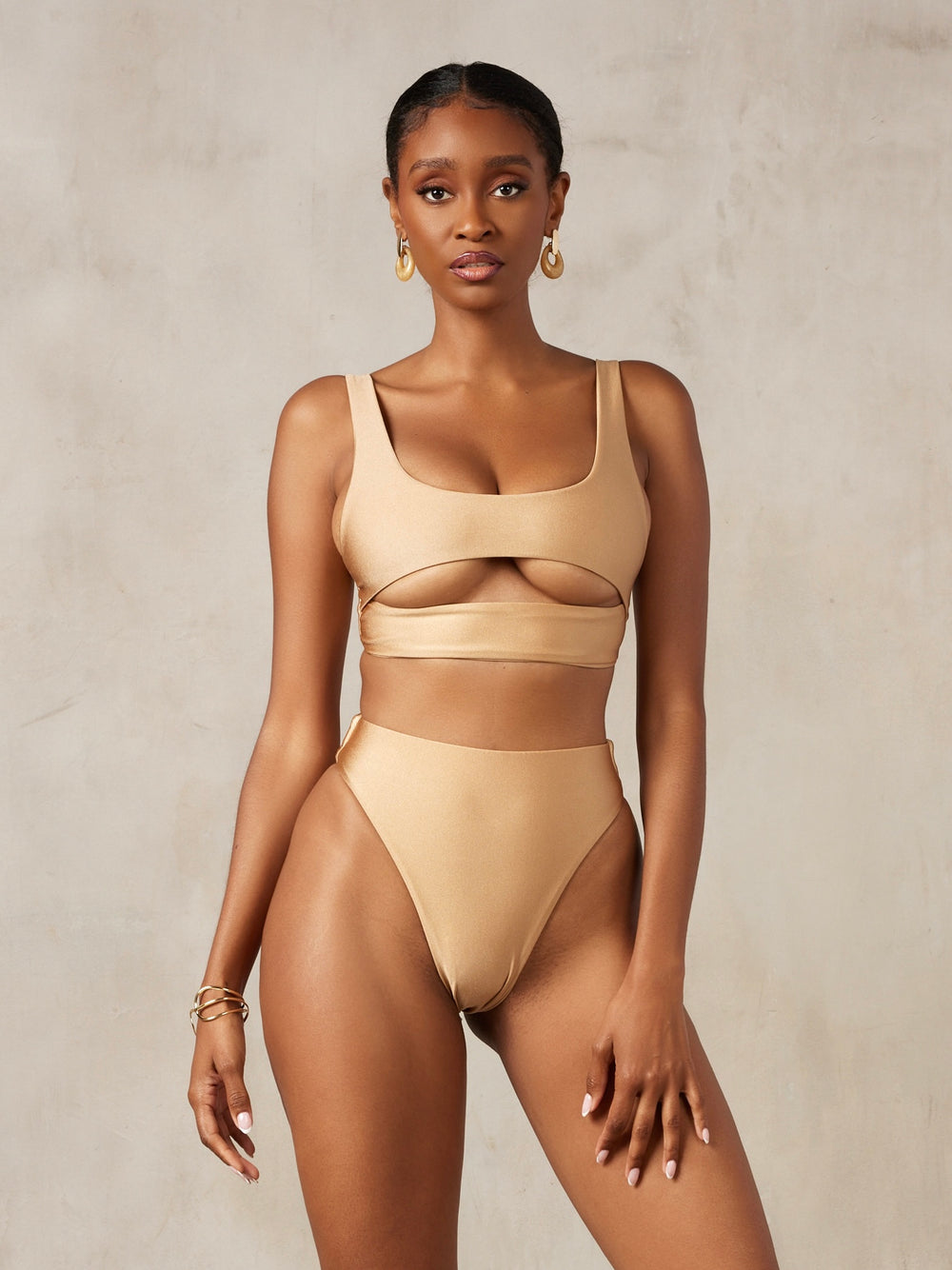 MBM Swim by Marcia B Maxwell model wearing tan sand Lucky bikini top and Passion bottoms #color_sand