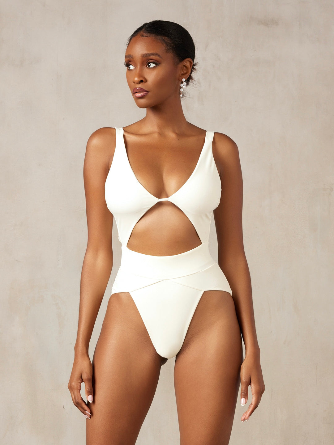 MBM swim by Marcia B Maxwell white ivory cream One-piece swimsuit on Indian model #color_cream