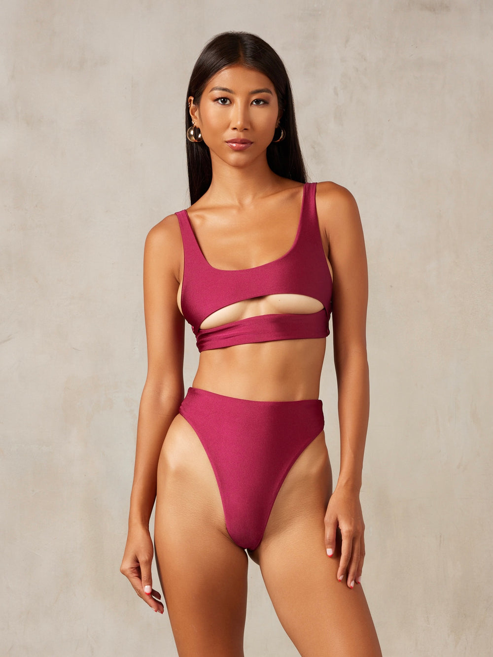 MBM Swim By Marcia B Maxwell model wearing Burgundy  berry bikini Chance top and Wish bottom #color_berry