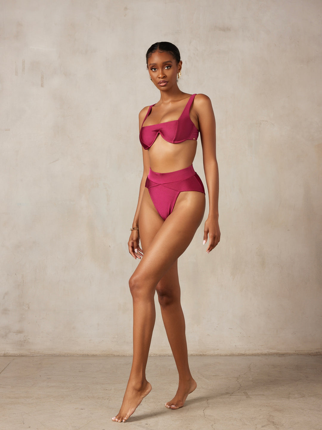 MBM Swim By Marcia B Maxwell model wearing burgundy berry bikini Chance top and Aspire bottom #color_berry