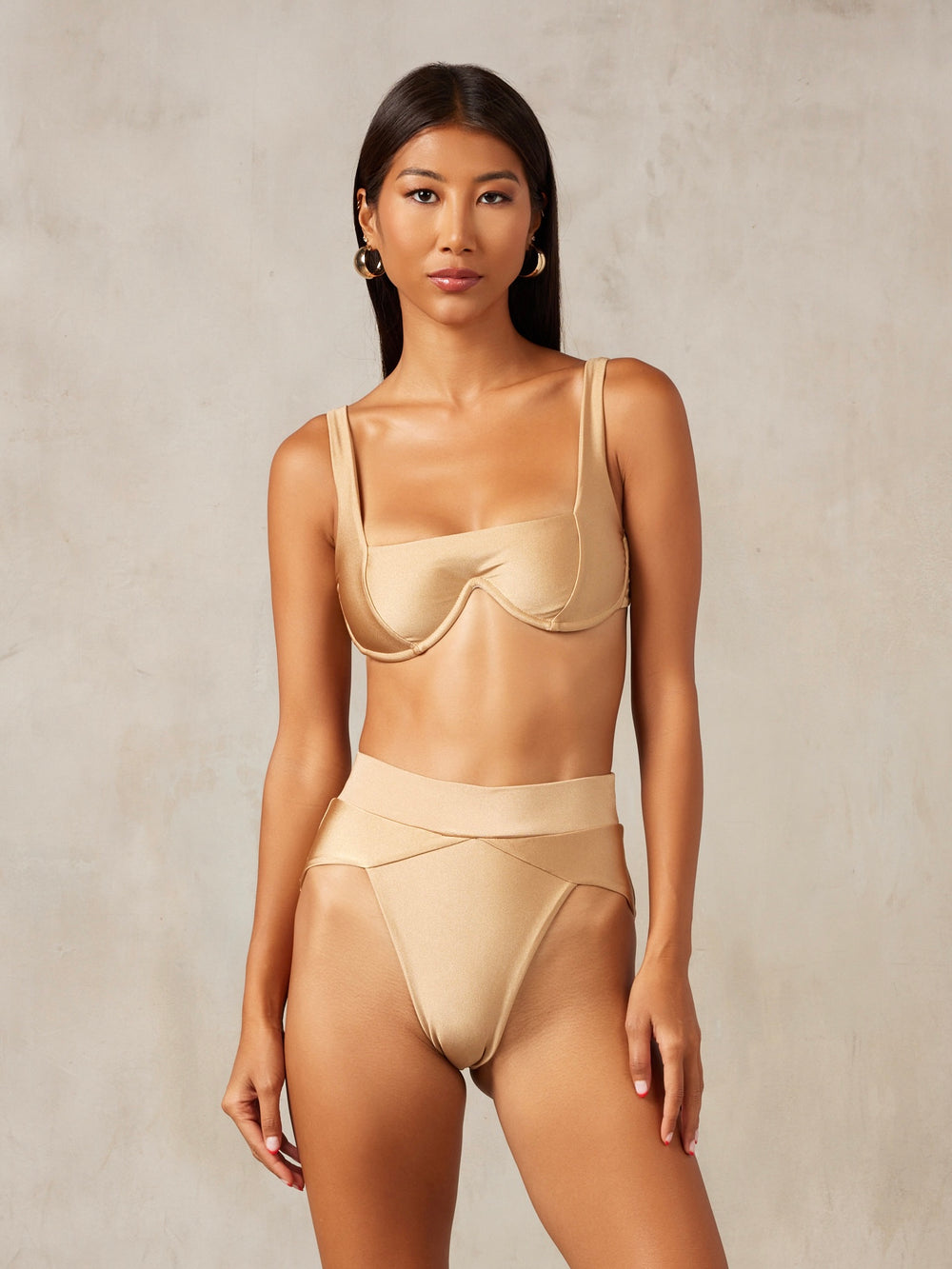 MBM Swim By Marcia B Maxwell model wearing beige tan bikini Chance top and Aspire bottom #color_sand