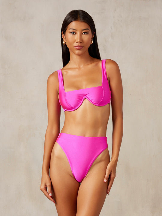 MBM Swim by Marcia B Maxwell model wearing magenta pink Chance bikini top and Passion bottoms #color_magenta