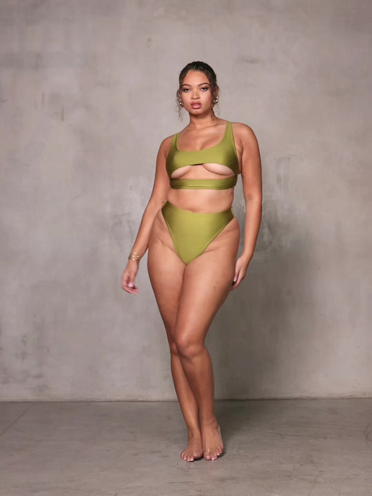 MBM Swim By Marcia B Maxwell model wearing Olive Green bikini Heart top, Wish bottom #color_olive