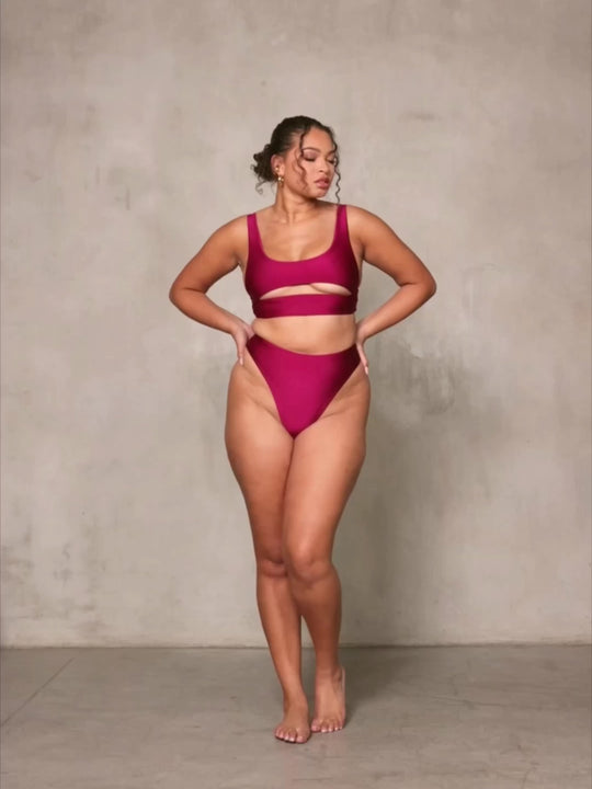 MBM Swim By Marcia B Maxwell model wearing Burgundy  berry bikini Chance top and Wish bottom #color_berry