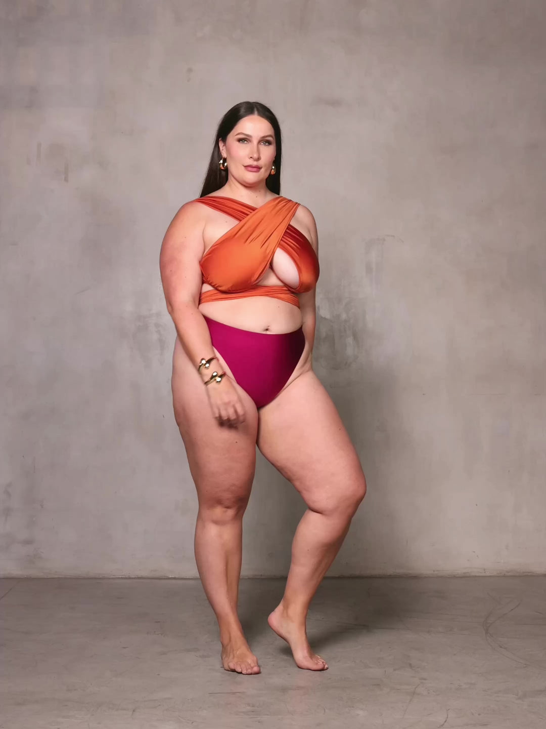 MBM Swim by Marcia B Maxwell model wearing multiway Bella top and Passion bottoms burnt orange bikini #color_burnt-orange