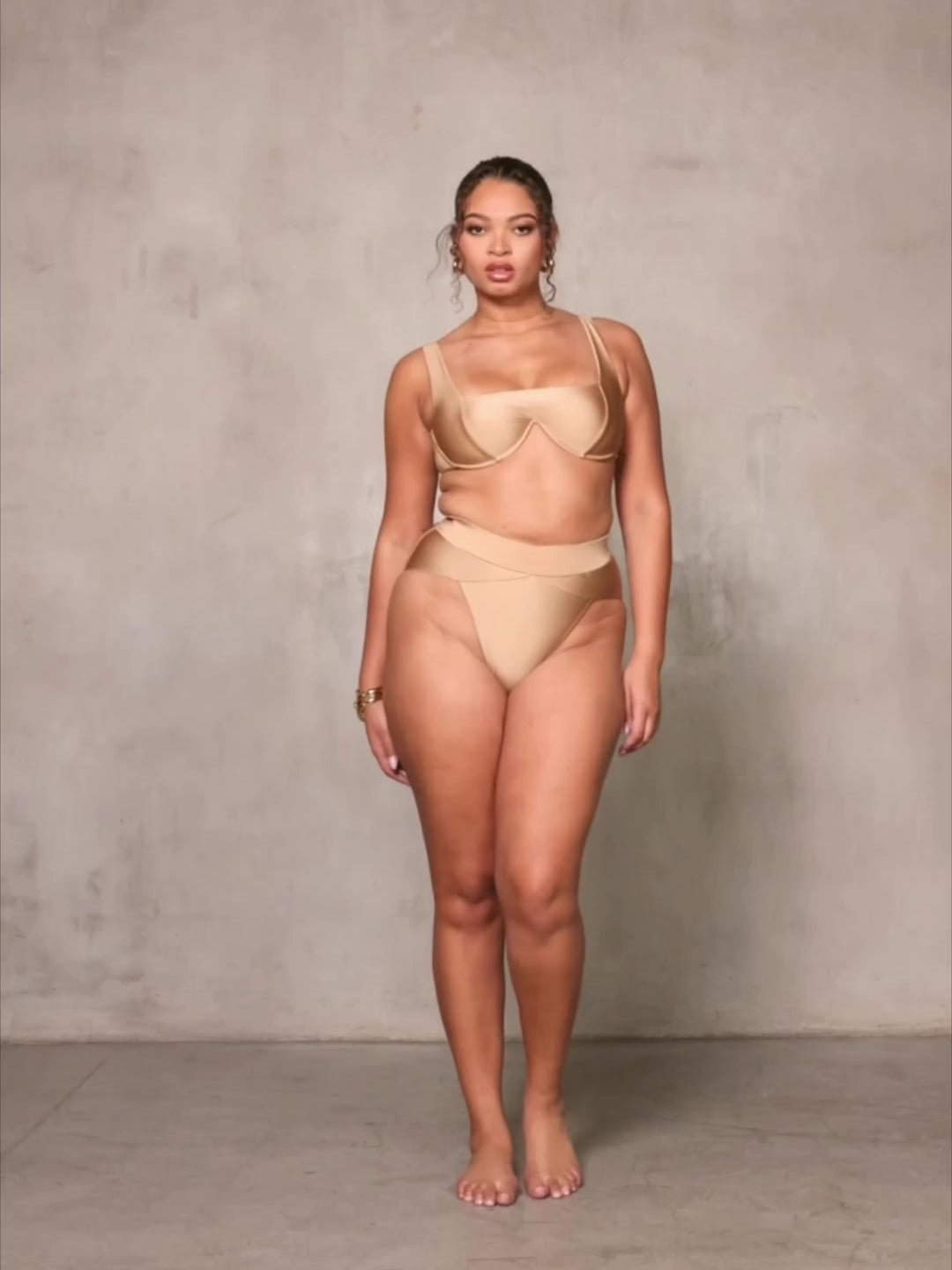 MBM Swim By Marcia B Maxwell model wearing beige tan bikini Chance top and Aspire bottom #color_sand