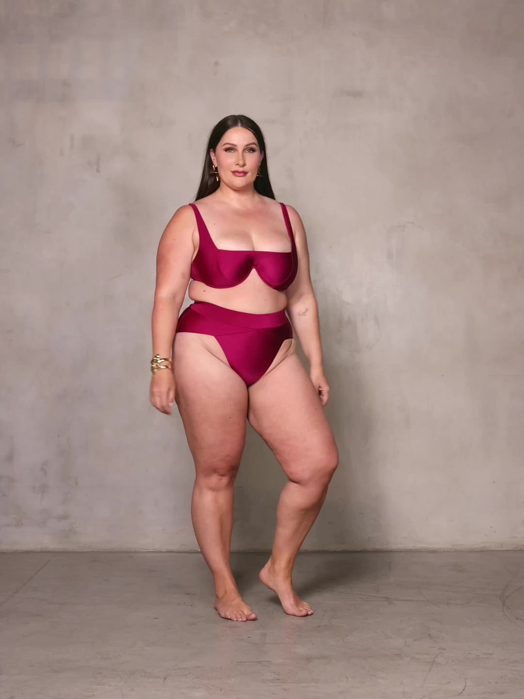 MBM Swim By Marcia B Maxwell model wearing burgundy berry bikini Chance top and Aspire bottom #color_berry