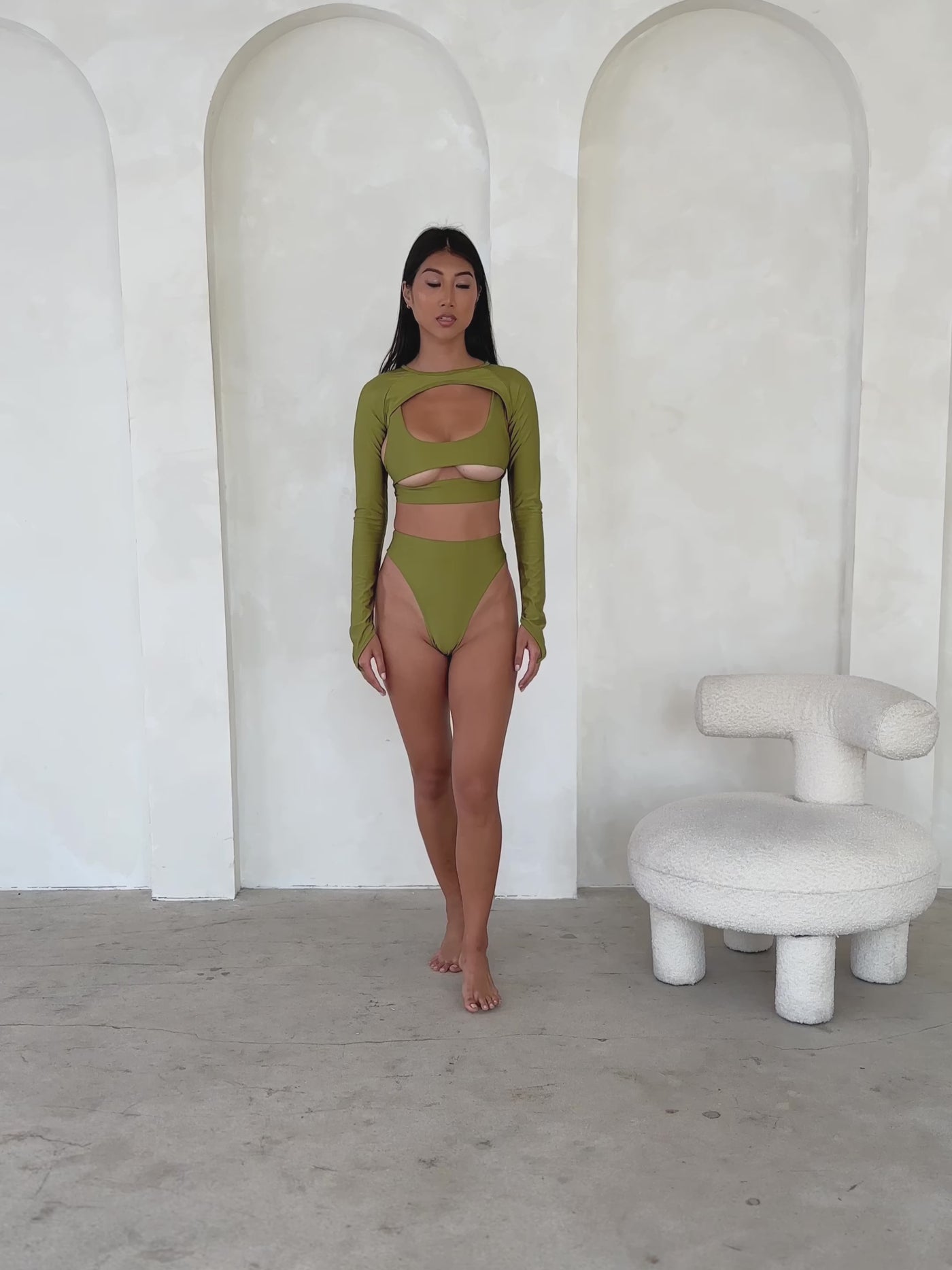 MBM Swim by Marcia B Maxwell model wearing Olive Green Bikini Chance top, Wish bottoms & Trigger Shrug #color_olive