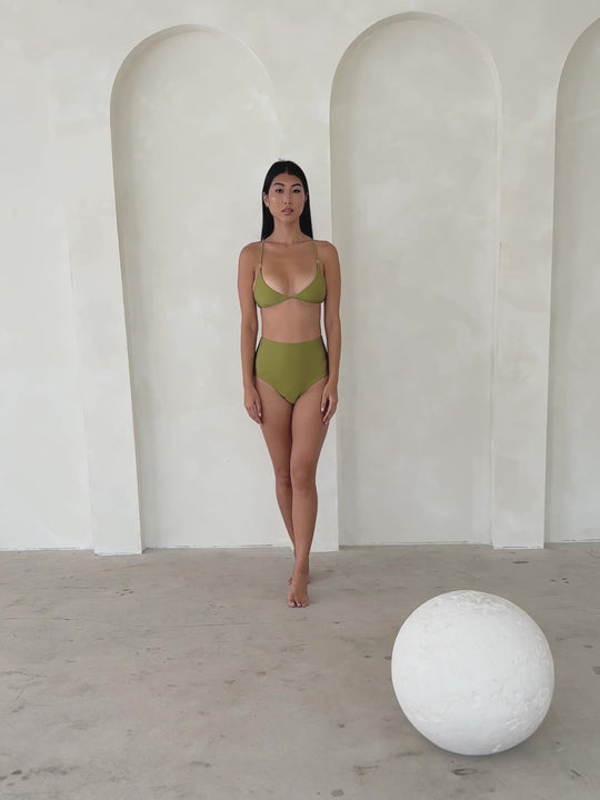 MBM Swim by Marcia B Maxwell model wearing Olive Green bikini Charm top and Destiny bottoms #color_olive