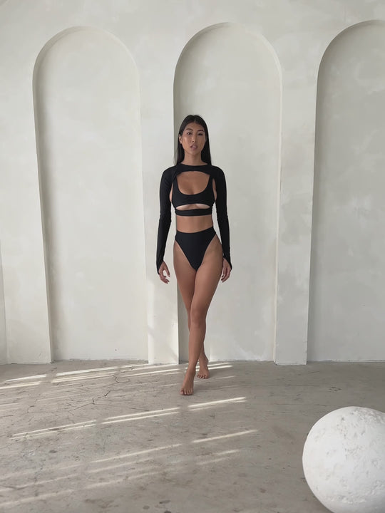 MBM Swim by Marcia B Maxwell model wearing Black Bikini Lucky top, Wish bottoms & Trigger Shrug #color_black