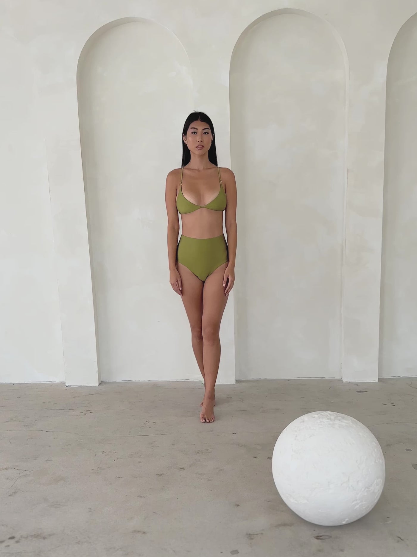 MBM Swim By Marcia B Maxwell model wearing Olive green bikini Charm top, Destiny bottom #color_olive
