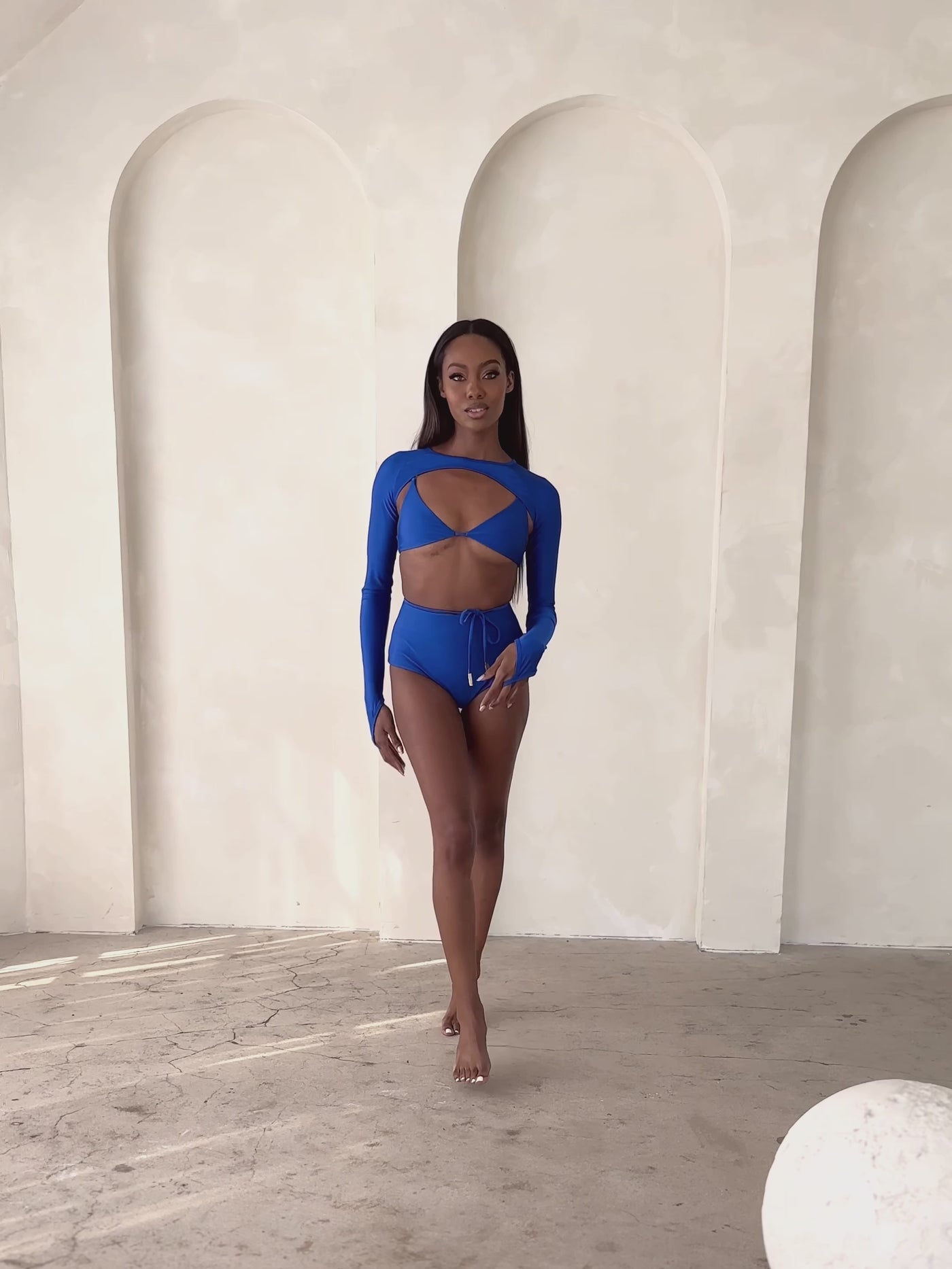MBM Swim by Marcia B Maxwell model wearing Cobalt blue Bikini Charm top, Destiny bottoms & Trigger Shrug #color_cobalt