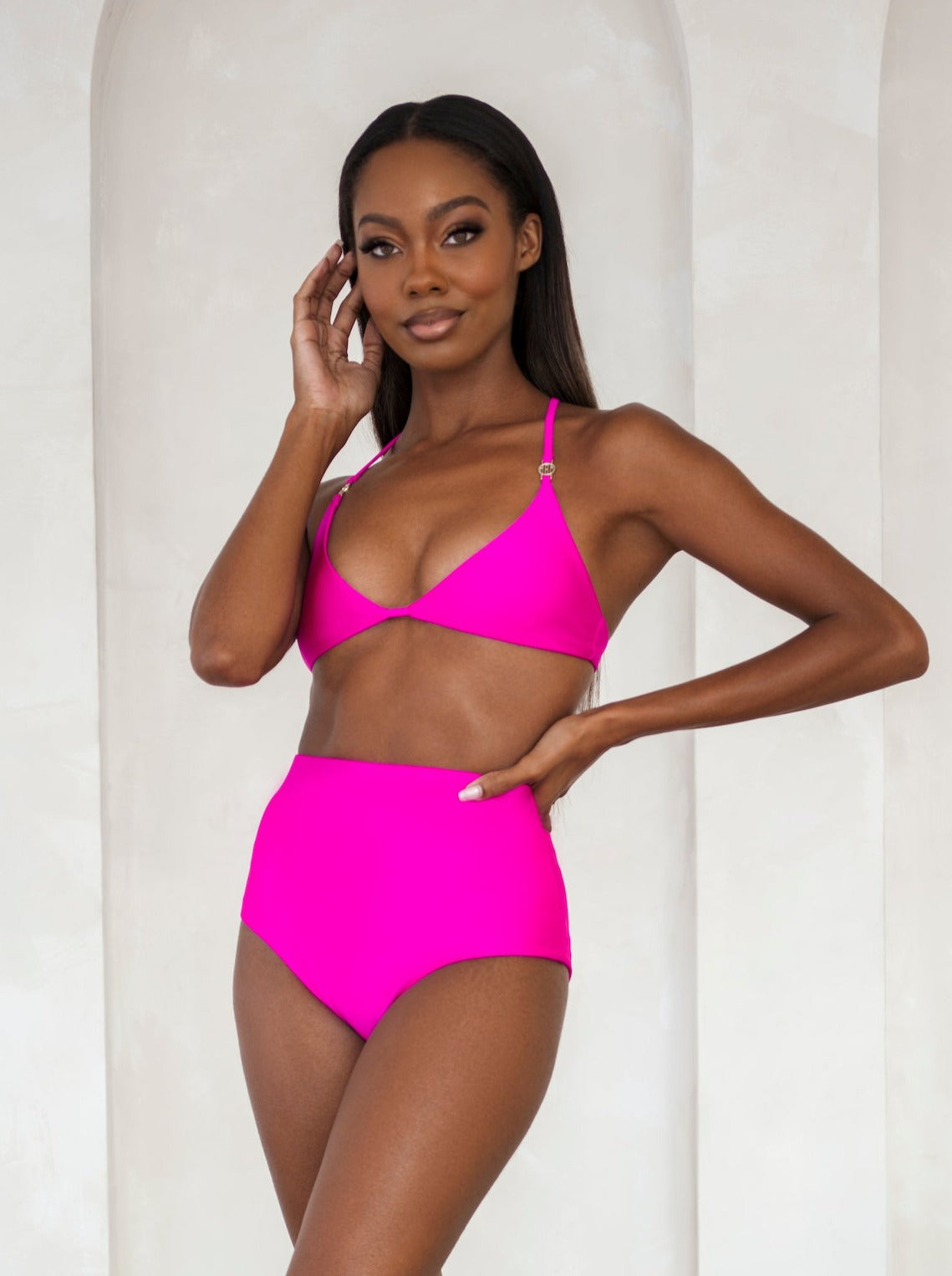 MBM Swim by Marcia B Maxwell model wearing Magenta Pink bikini Charm top and Destiny bottoms #color_magenta