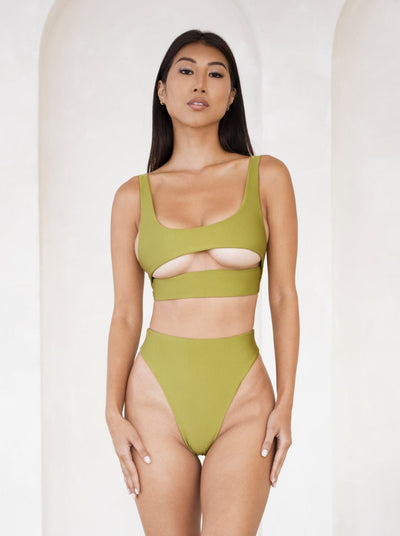 MBM Swim By Marcia B Maxwell model wearing Olive Green bikini Lucky top and Wish bottom  #color_olive