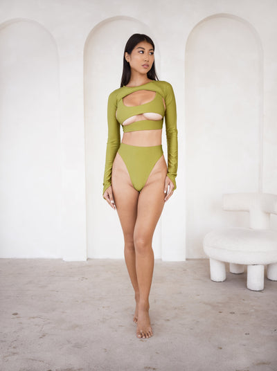 MBM Swim By Marcia B Maxwell model wearing Olive Green bikini Lucky top, Wish bottom and Trigger Shrug  #color_olive