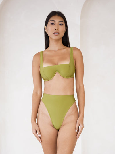 MBM Swim By Marcia B Maxwell model wearing Olive Green bikini Chance top and Wish bottom  #color_olive