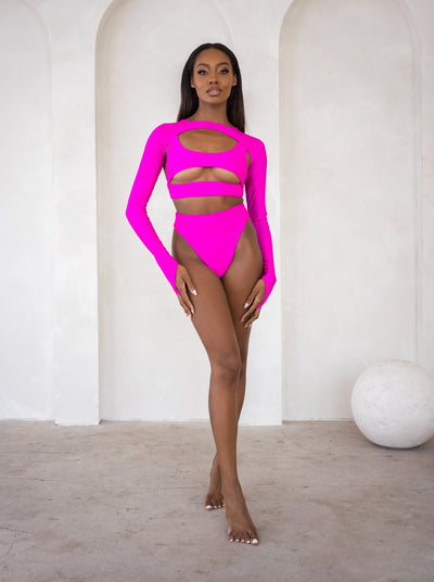 MBM Swim by Marcia B Maxwell model wearing Magenta Pink Bikini Lucky top, Wish bottoms & Trigger Shrug #color_magenta