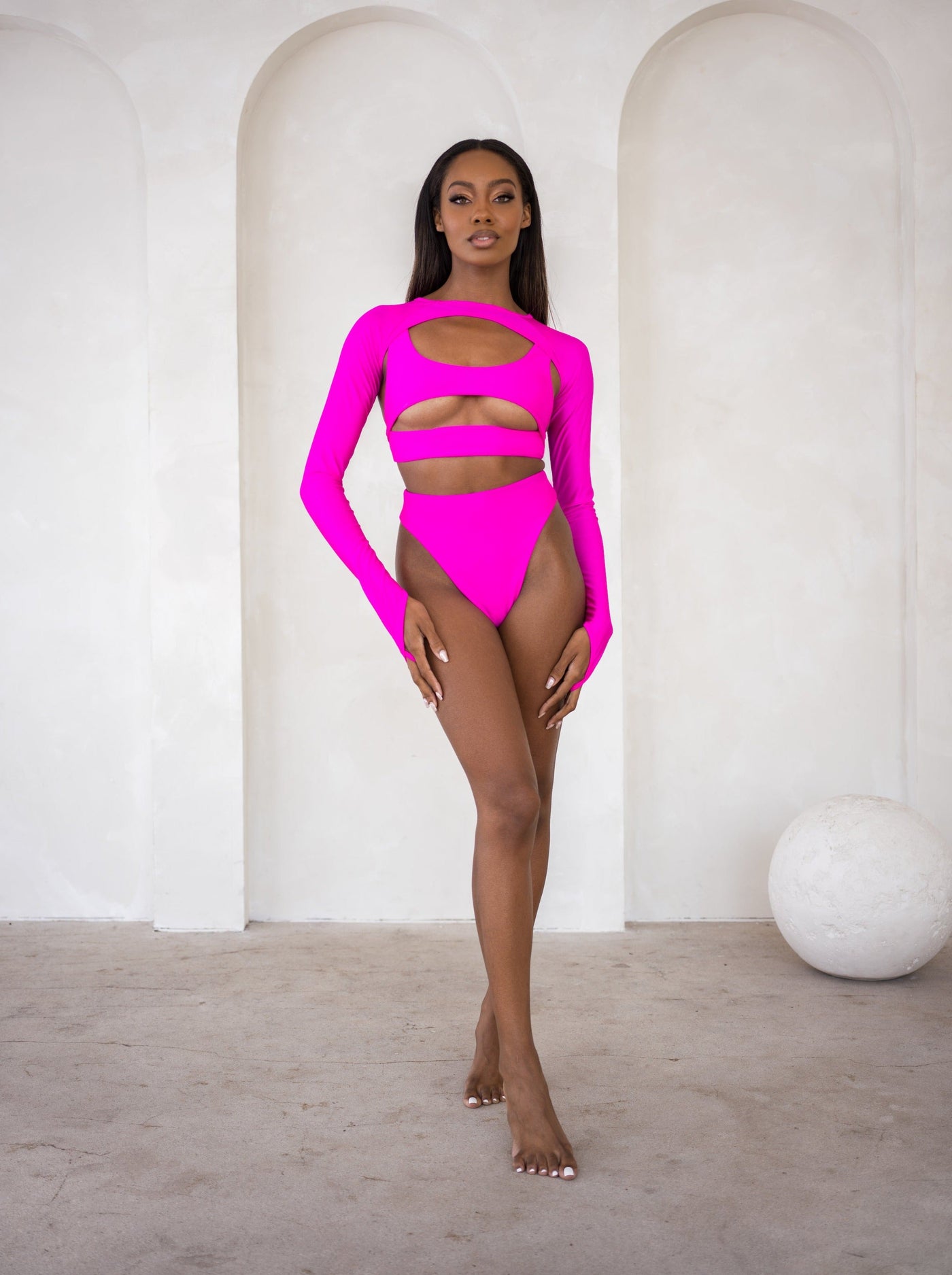 MBM Swim By Marcia B Maxwell model wearing Magenta Pink bikini Lucky top, Wish bottom and Trigger Shrug  #color_magenta