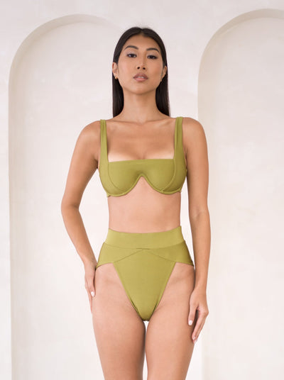 MBM Swim By Marcia B Maxwell model wearing Olive Green bikini Chance top and Aspire bottom #color_olive