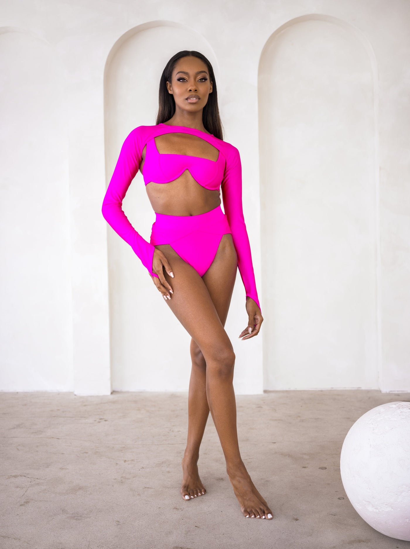MBM Swim By Marcia B Maxwell model wearing Magenta pink bikini Chance top and Destiny bottom with trigger shrug #color_magenta