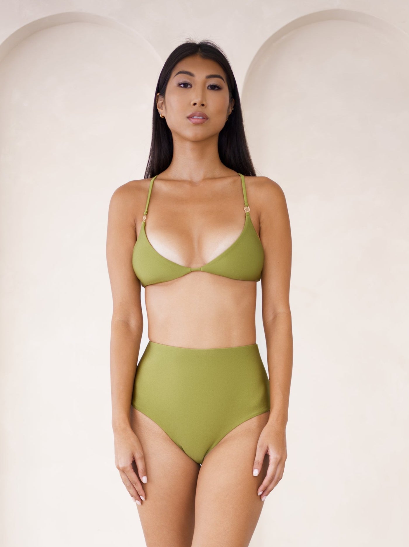 MBM Swim by Marcia B Maxwell model wearing Olive Green Bikini Charm top and Destiny bottoms #color_olive