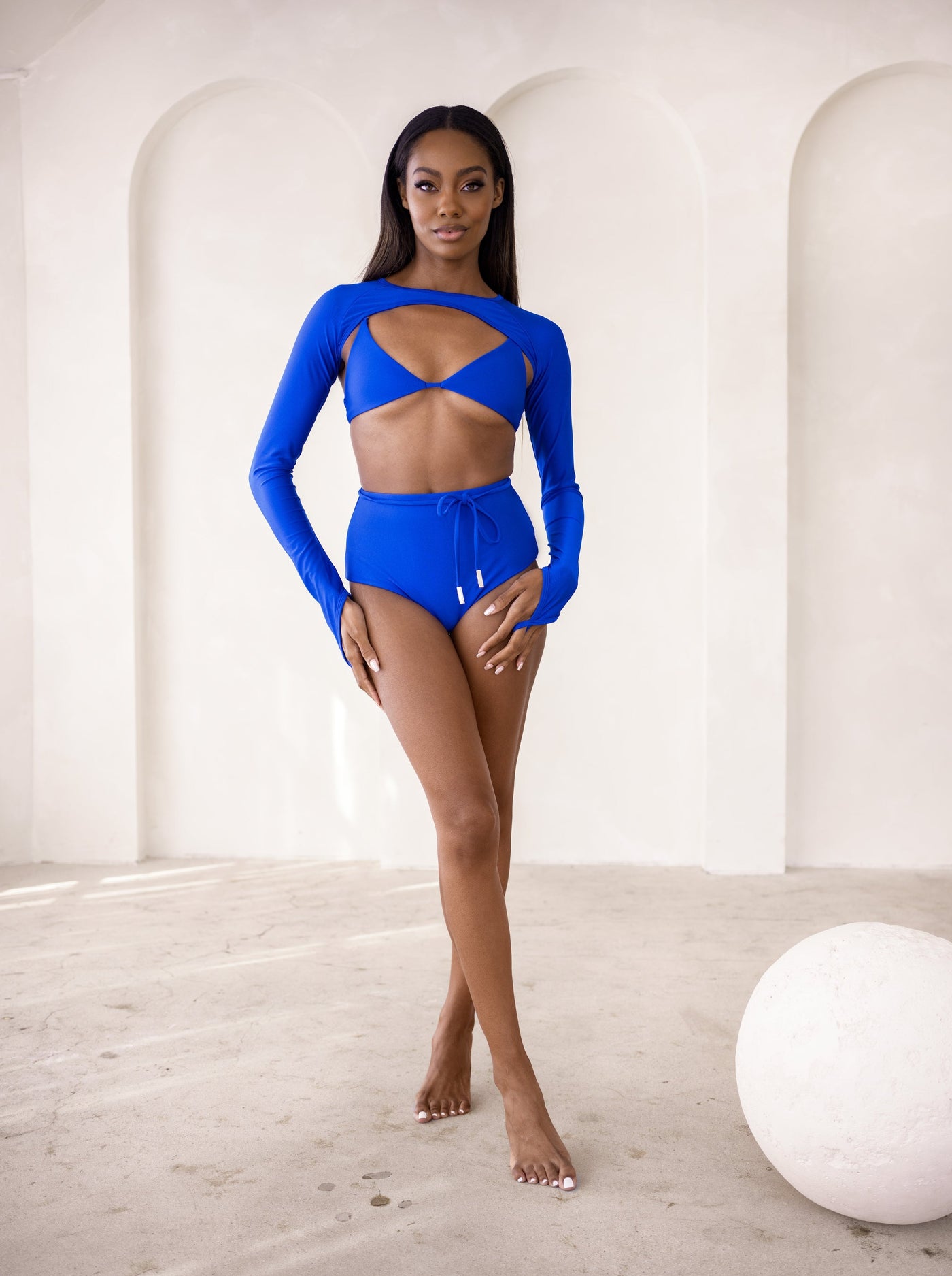 MBM Swim By Marcia B Maxwell model wearing Cobalt blue bikini Charm top, Destiny bottom & trigger shrug #color_cobalt