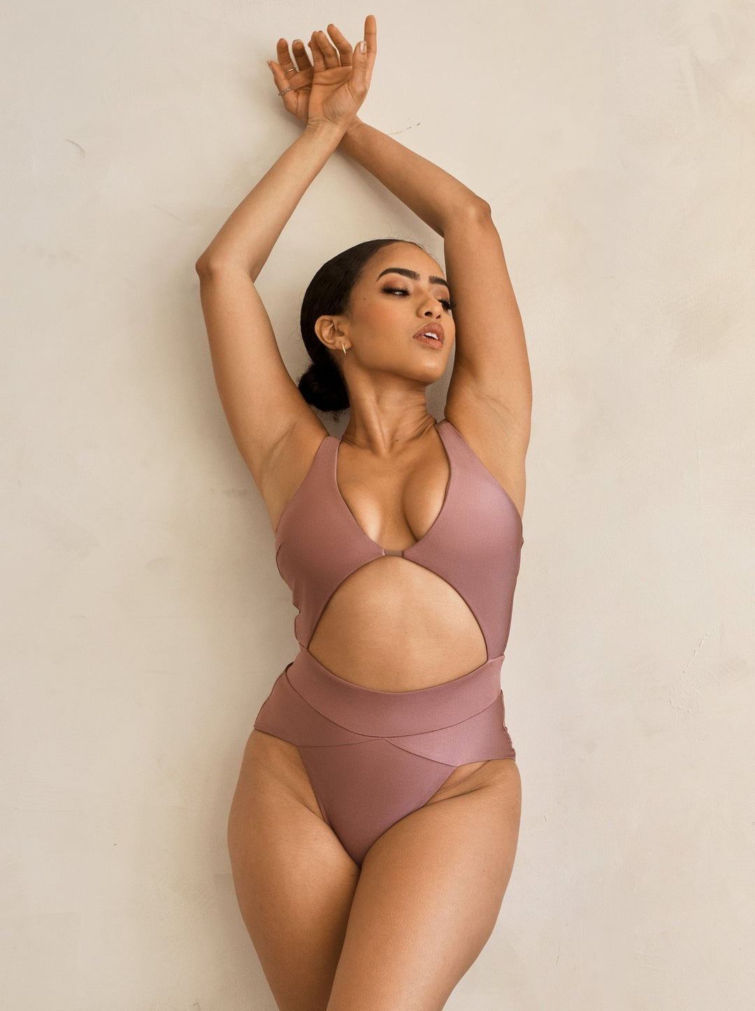 MBM Swim by Marcia B Maxwell purple mauve one-piece swimsuit monokini on Asian model #color_mauve