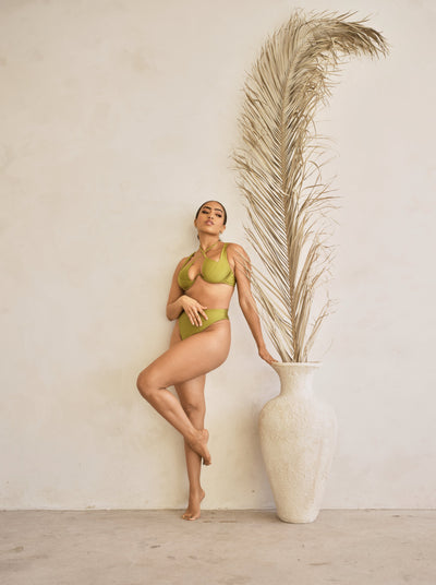 MBM Swim By Marcia B Maxwell model wearing Olive Green bikini Heart top, Wish bottom #color_olive