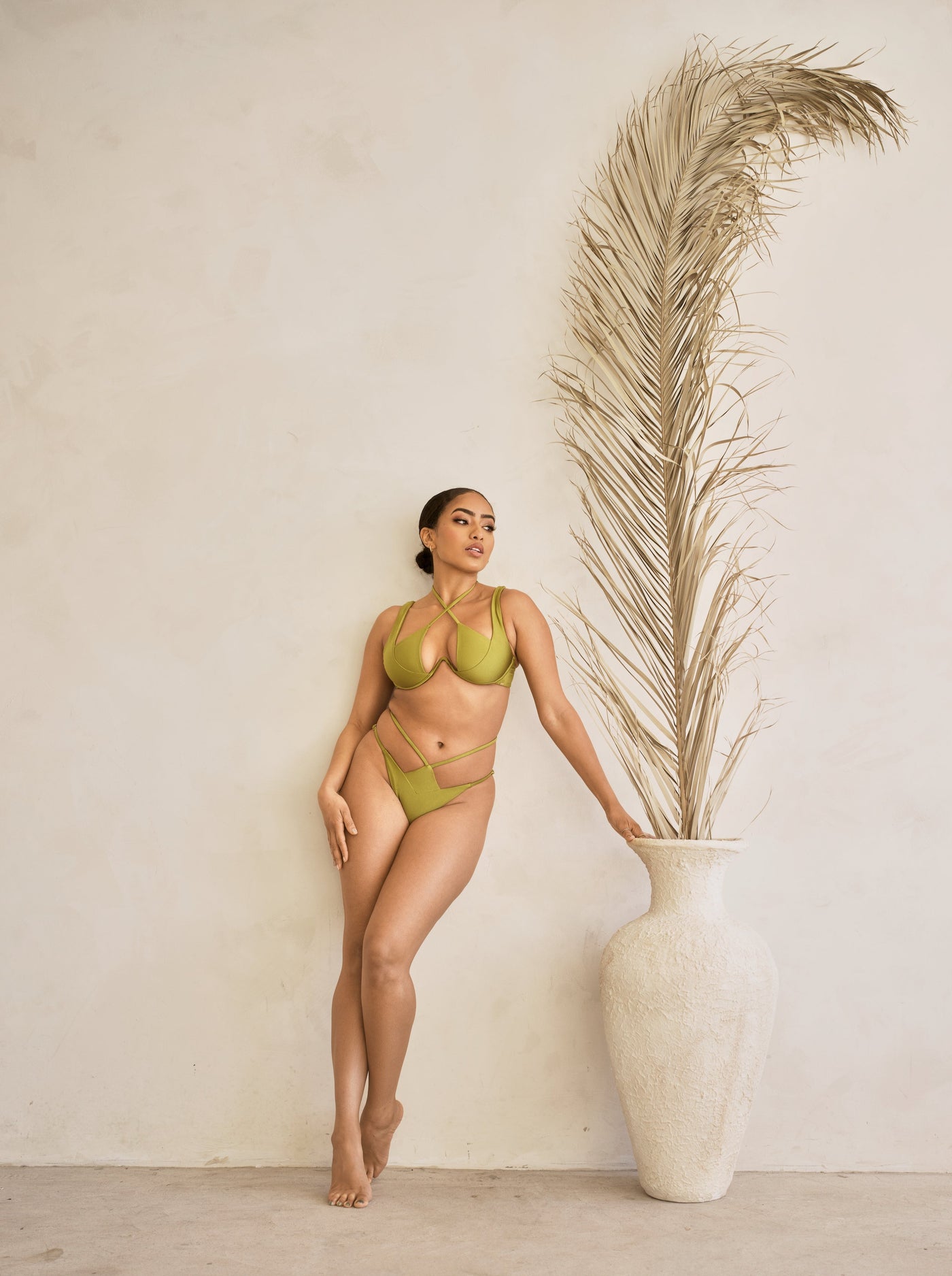 MBM Swim by Marcia B Maxwell model wearing Olive green bikini Heart top and Desire bottoms #color_olive