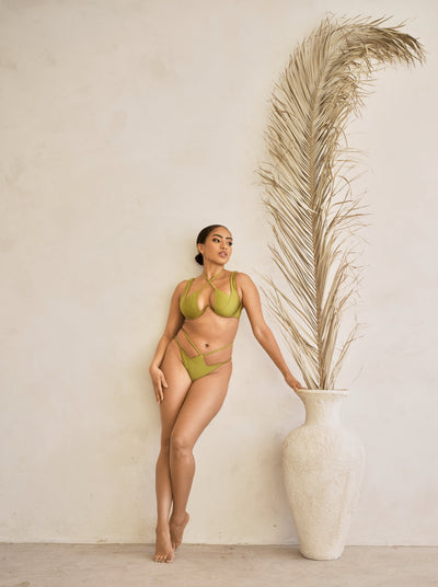MBM Swim by Marcia B Maxwell model wearing Olive green bikini Heart top and Desire bottoms #color_olive