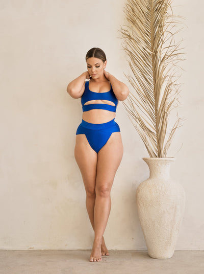 MBM Swim By Marcia B Maxwell model wearing Cobalt blue bikini Lucky top and Aspire bottom #color_cobalt